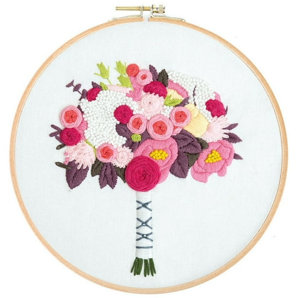 Cloth 1 Hoop Color Floss and Needles Cross Stitch Kit w Floral Pattern Embroidery Starter Kit w Floral Pattern and Instructions